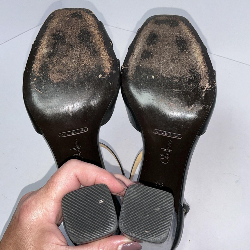 Cole Haan NikeAir Black Leather T-Strap Sandals Size 8.5B Chunky Heel Peep Toe - Picture 9 of 10